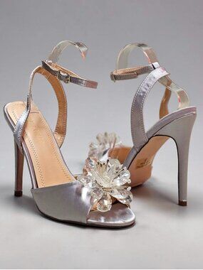 Crystal Embellished Silver Satin High Heel Sandals With Ankle Strap & Peep Toe F